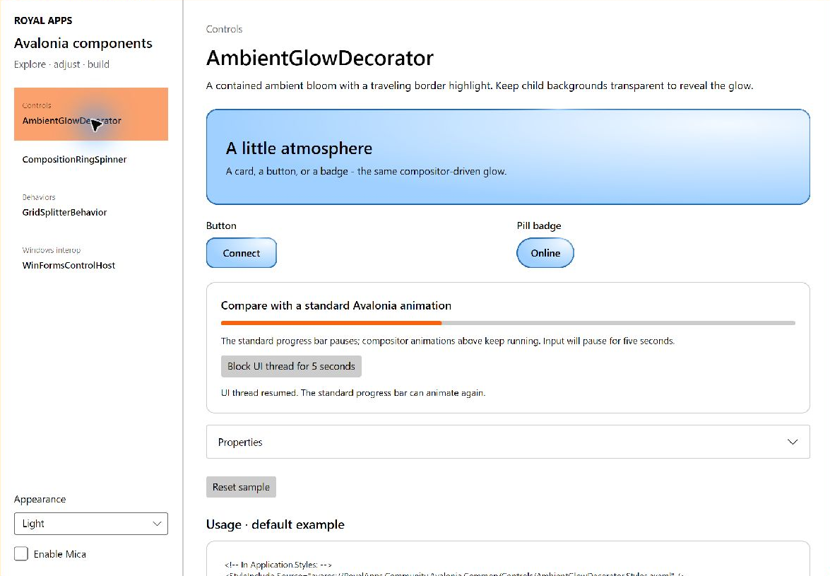 The ambient glow sample with live color, motion, and intensity controls