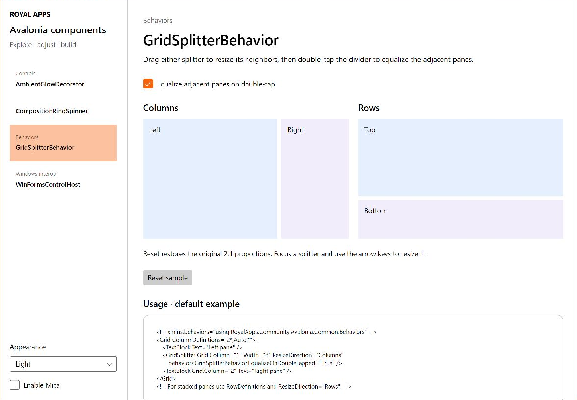 The GridSplitter sample with column and row dividers