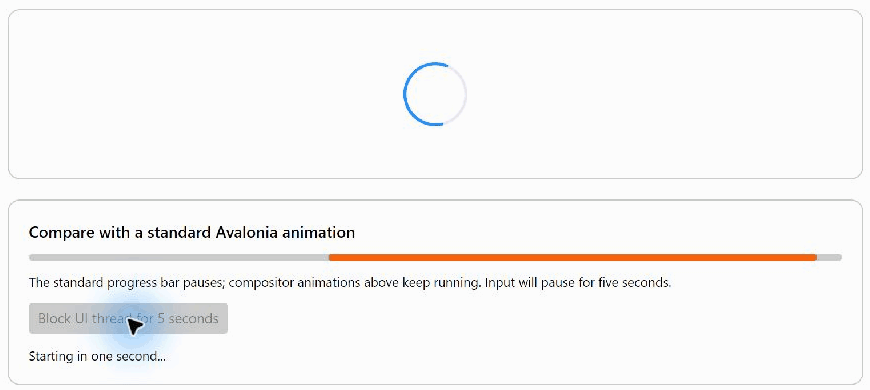 The compositor-driven ring continues while the UI thread is blocked; the standard Avalonia progress bar pauses.