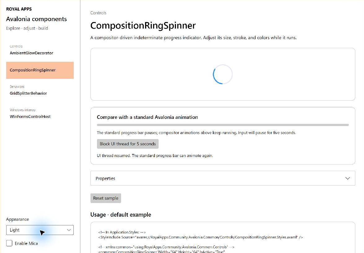 The sample browser with sidebar navigation and an interactive ring spinner preview