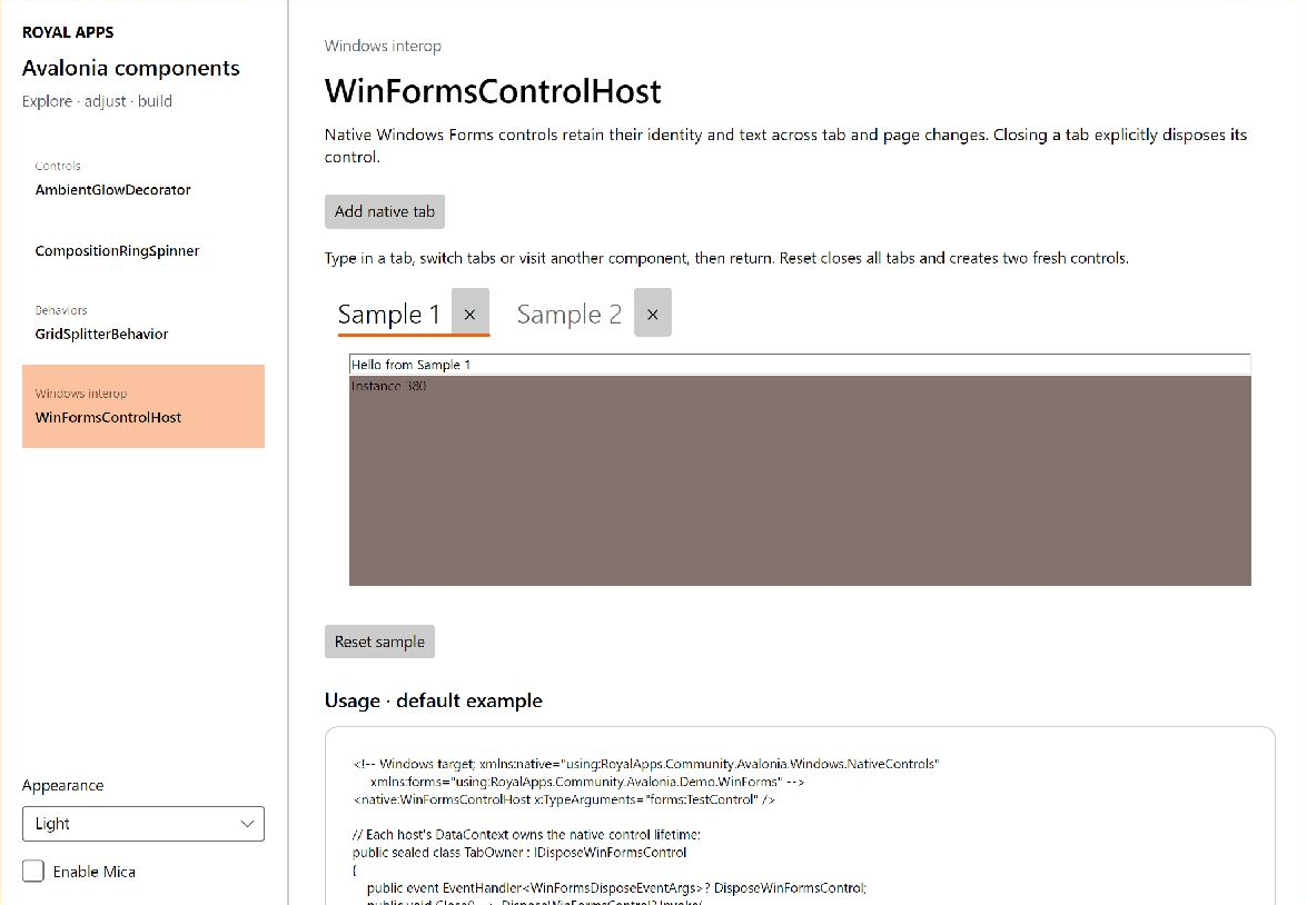The Windows Forms hosting sample with independent native tabs